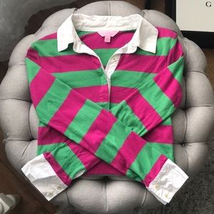 Vintage Lilly Pulitzer Kelly Green and Hot Pink Long-Sleeve Rugby
